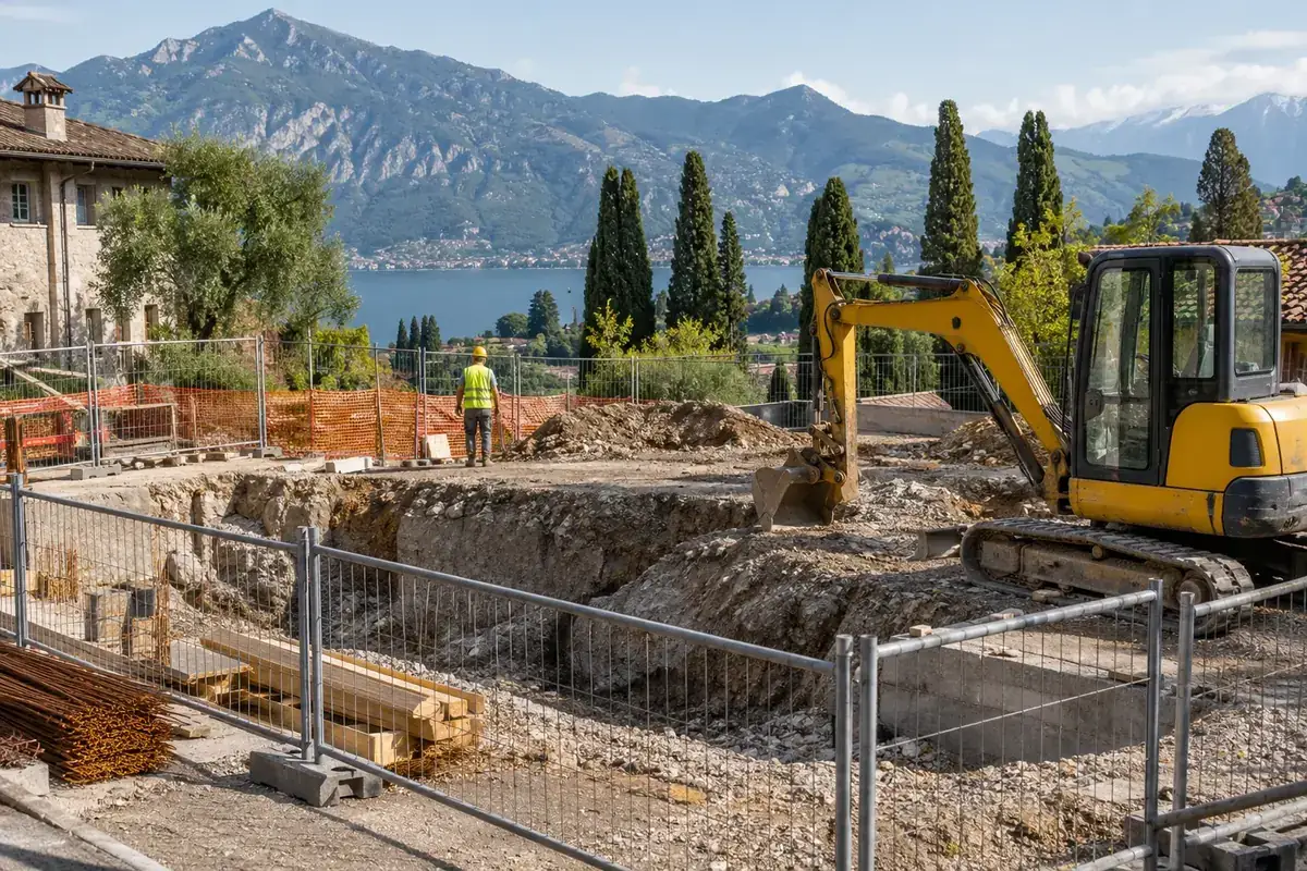 Cantiere con escavatore e operatore con casco